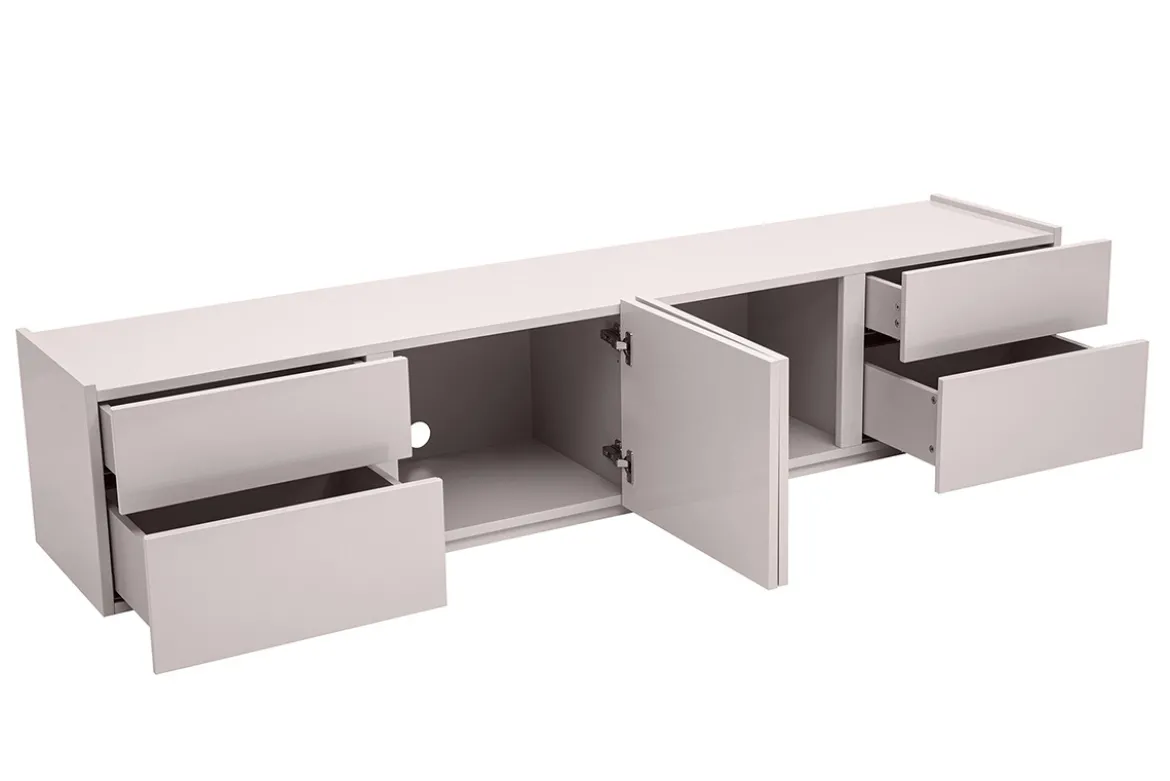 Meuble TV design beige laqué brillant avec rangements L200 cm ISAURE