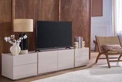 Meuble TV design beige laqué brillant avec rangements L200 cm ISAURE