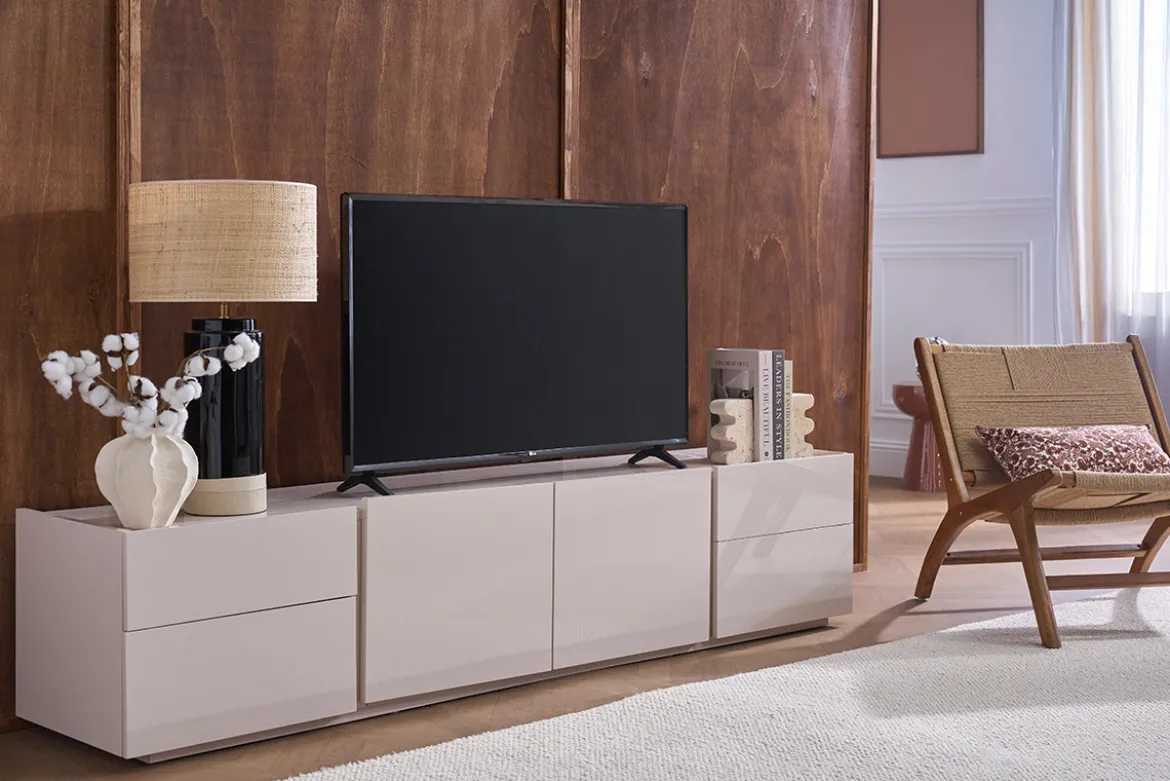 Meuble TV design beige laqué brillant avec rangements L200 cm ISAURE