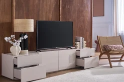 Meuble TV design beige laqué brillant avec rangements L200 cm ISAURE