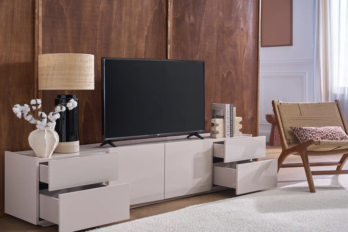 Meuble TV design beige laqué brillant avec rangements L200 cm ISAURE
