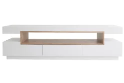 Meuble TV design blanc laqué brillant et bois L200 cm LIVO