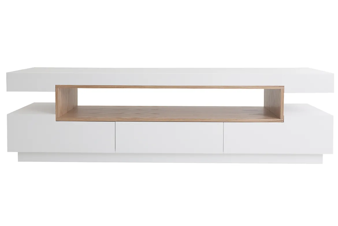 Meuble TV design blanc laqué brillant et bois L200 cm LIVO