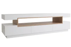 Meuble TV design blanc laqué brillant et bois L200 cm LIVO
