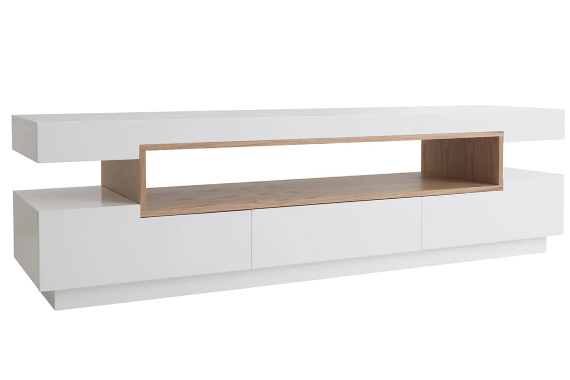 Meuble TV design blanc laqué brillant et bois L200 cm LIVO