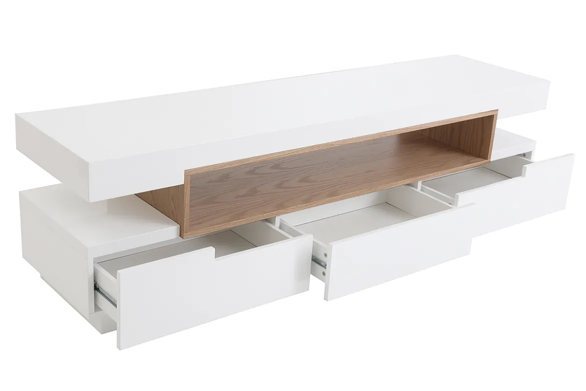 Meuble TV design blanc laqué brillant et bois L200 cm LIVO