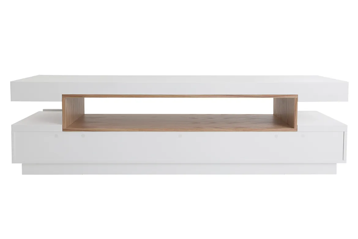 Meuble TV design blanc laqué brillant et bois L200 cm LIVO