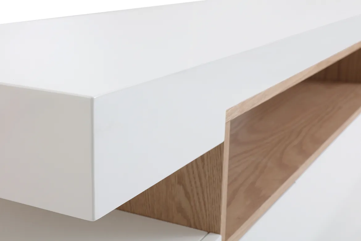 Meuble TV design blanc laqué brillant et bois L200 cm LIVO