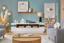 Meuble TV design blanc laqué brillant et bois L200 cm LIVO
