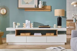Meuble TV design blanc laqué brillant et bois L200 cm LIVO
