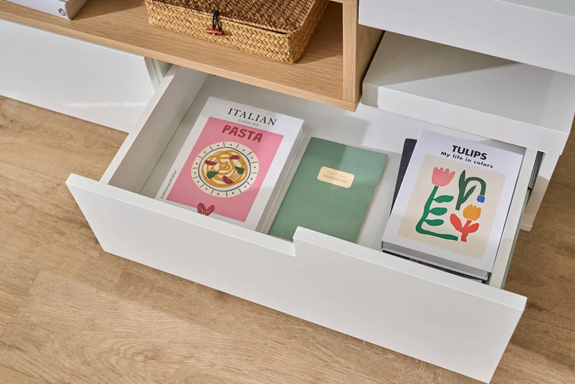 Meuble TV design blanc laqué brillant et bois L200 cm LIVO