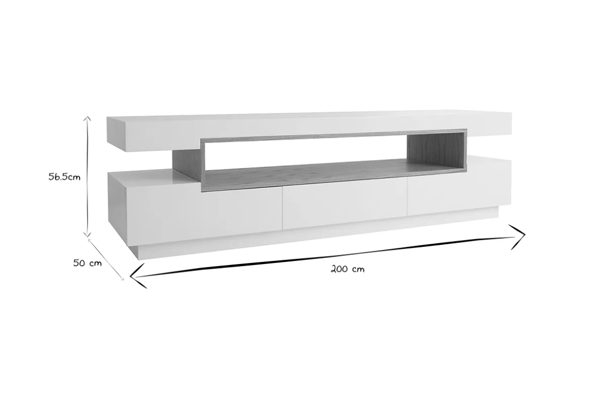 Meuble TV design blanc laqué brillant et bois L200 cm LIVO
