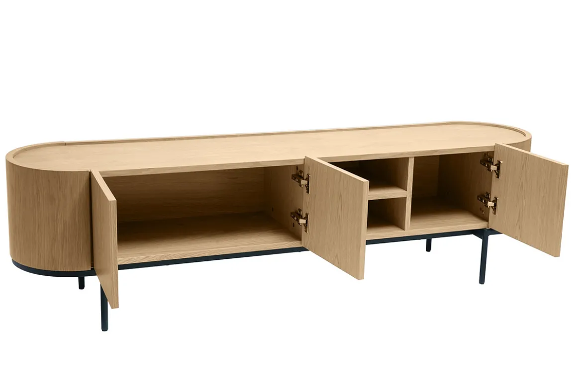 Meuble TV design bois clair et métal noir avec rangements L180 cm SKYE