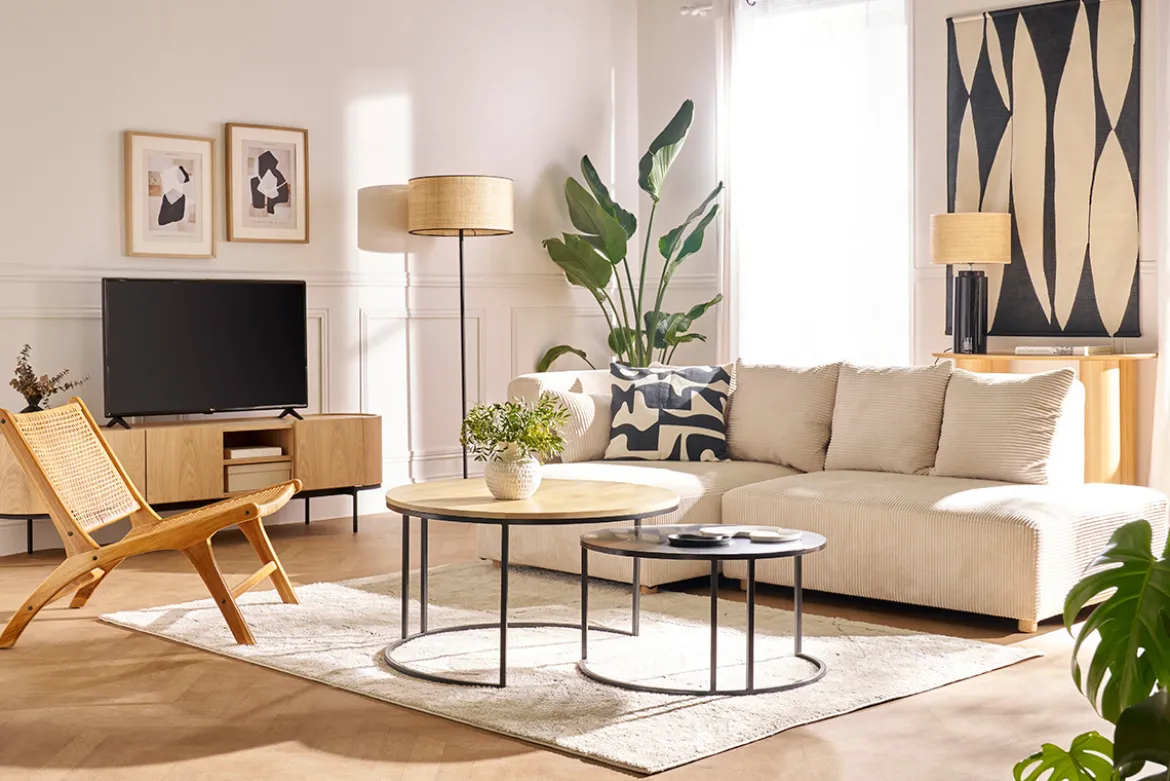 Meuble TV design bois clair et métal noir avec rangements L180 cm SKYE