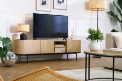 Meuble TV design bois clair et métal noir avec rangements L180 cm SKYE