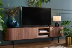 Meuble TV design bois foncé noyer et métal noir avec rangements L180 cm SKYE