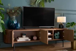 Meuble TV design bois foncé noyer et métal noir avec rangements L180 cm SKYE