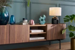 Meuble TV design bois foncé noyer et métal noir avec rangements L180 cm SKYE