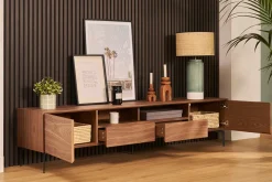 Meuble TV design bois foncé noyer et métal noir 2 portes 2 tiroirs L200 cm BLISS