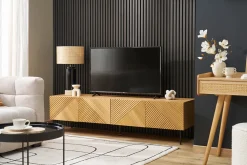 Meuble TV design en bois clair chêne massif gravé et métal noir 4 portes L180 cm ARCHIPEL