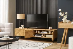 Meuble TV design en bois clair chêne massif gravé et métal noir 4 portes L180 cm ARCHIPEL