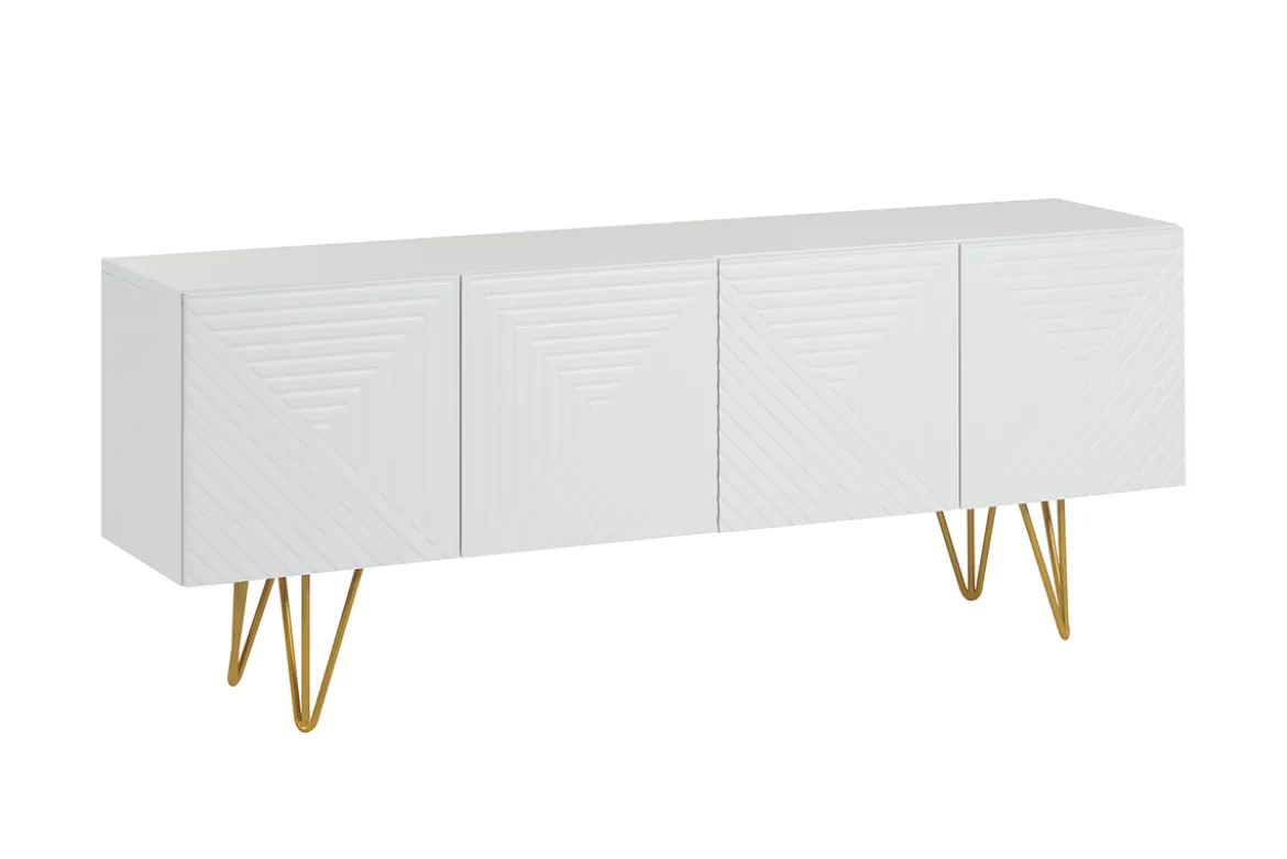 Meuble TV design gravé blanc et métal doré L140 cm OZEN