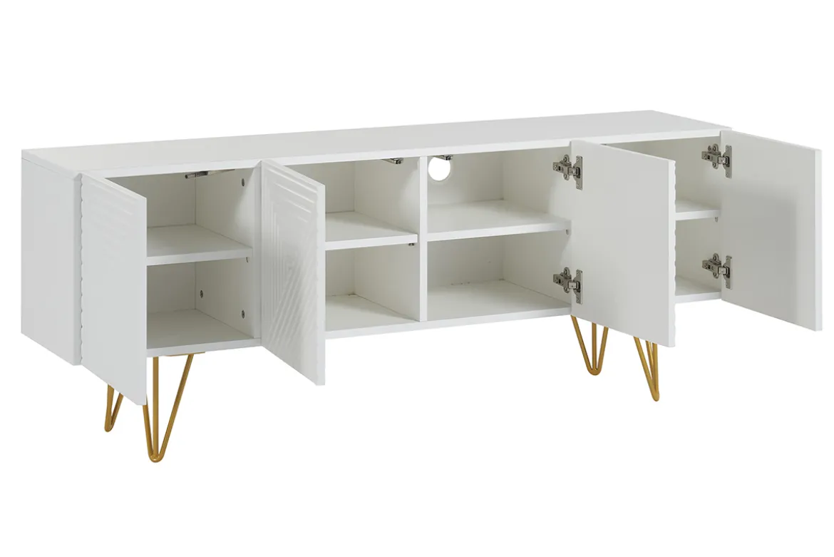 Meuble TV design gravé blanc et métal doré L140 cm OZEN