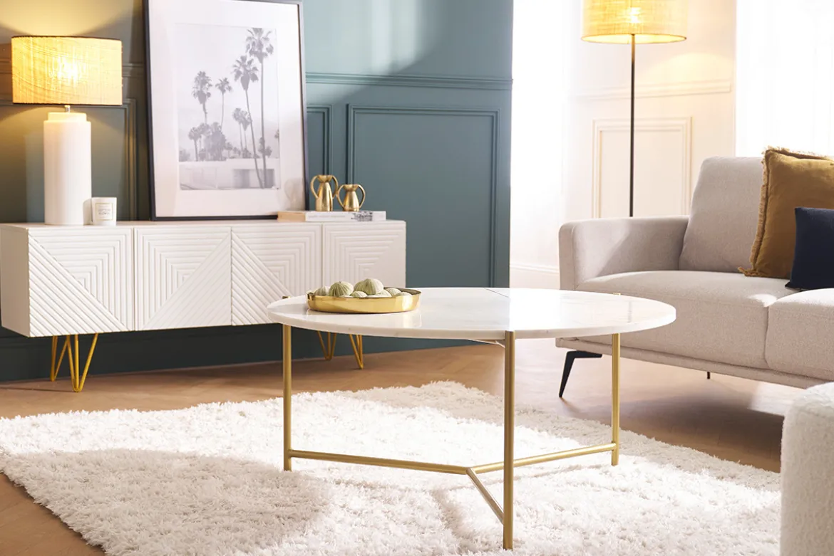 Meuble TV design gravé blanc et métal doré L140 cm OZEN