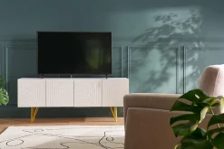 Meuble TV design gravé blanc et métal doré L140 cm OZEN