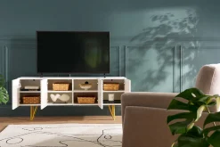 Meuble TV design gravé blanc et métal doré L140 cm OZEN