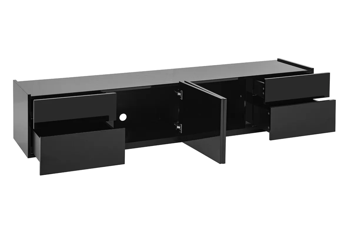 Meuble TV design noir laqué brillant avec rangements L200 cm ISAURE