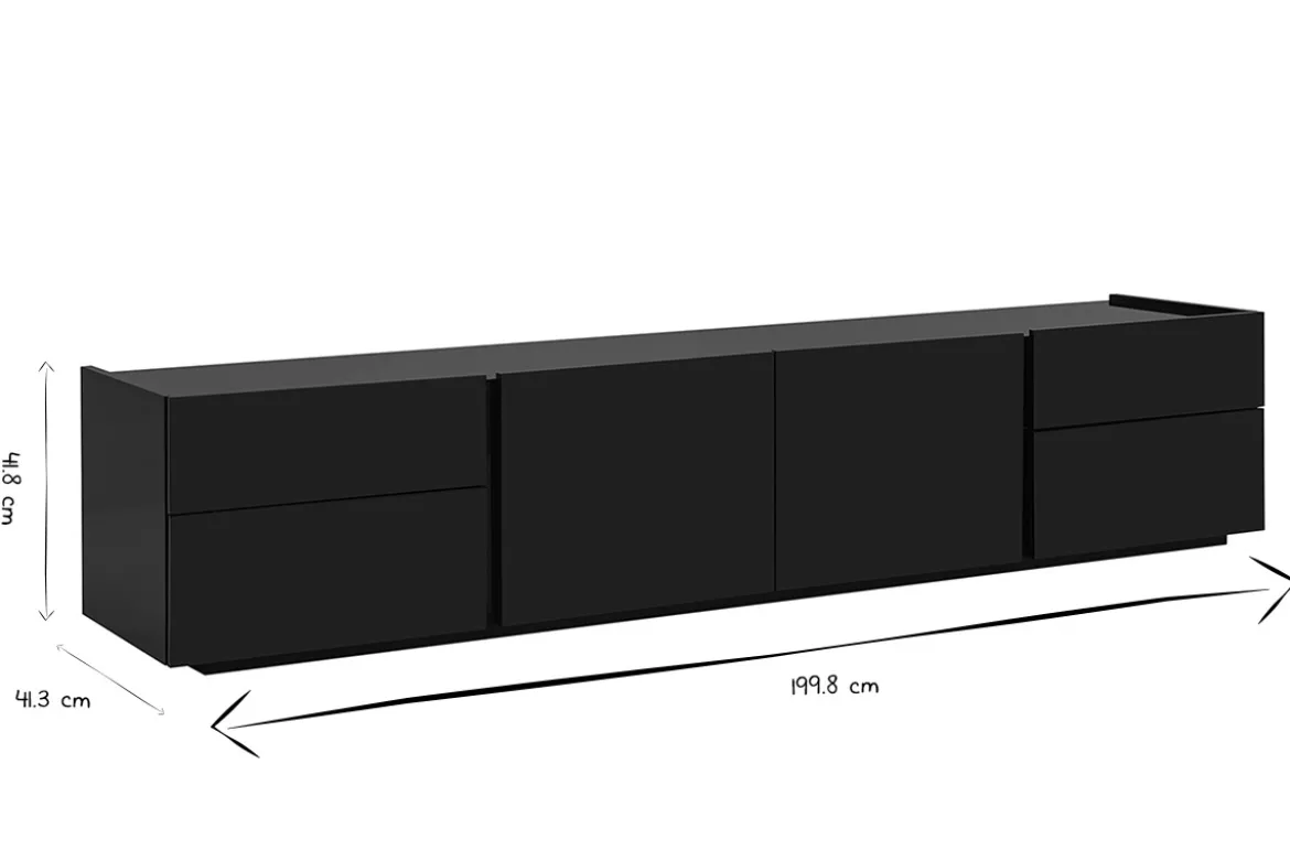 Meuble TV design noir laqué brillant avec rangements L200 cm ISAURE