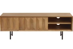 Meuble TV en bois clair manguier massif gravé et métal noir L120 cm AGRA