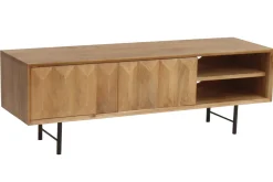 Meuble TV en bois clair manguier massif gravé et métal noir L120 cm AGRA