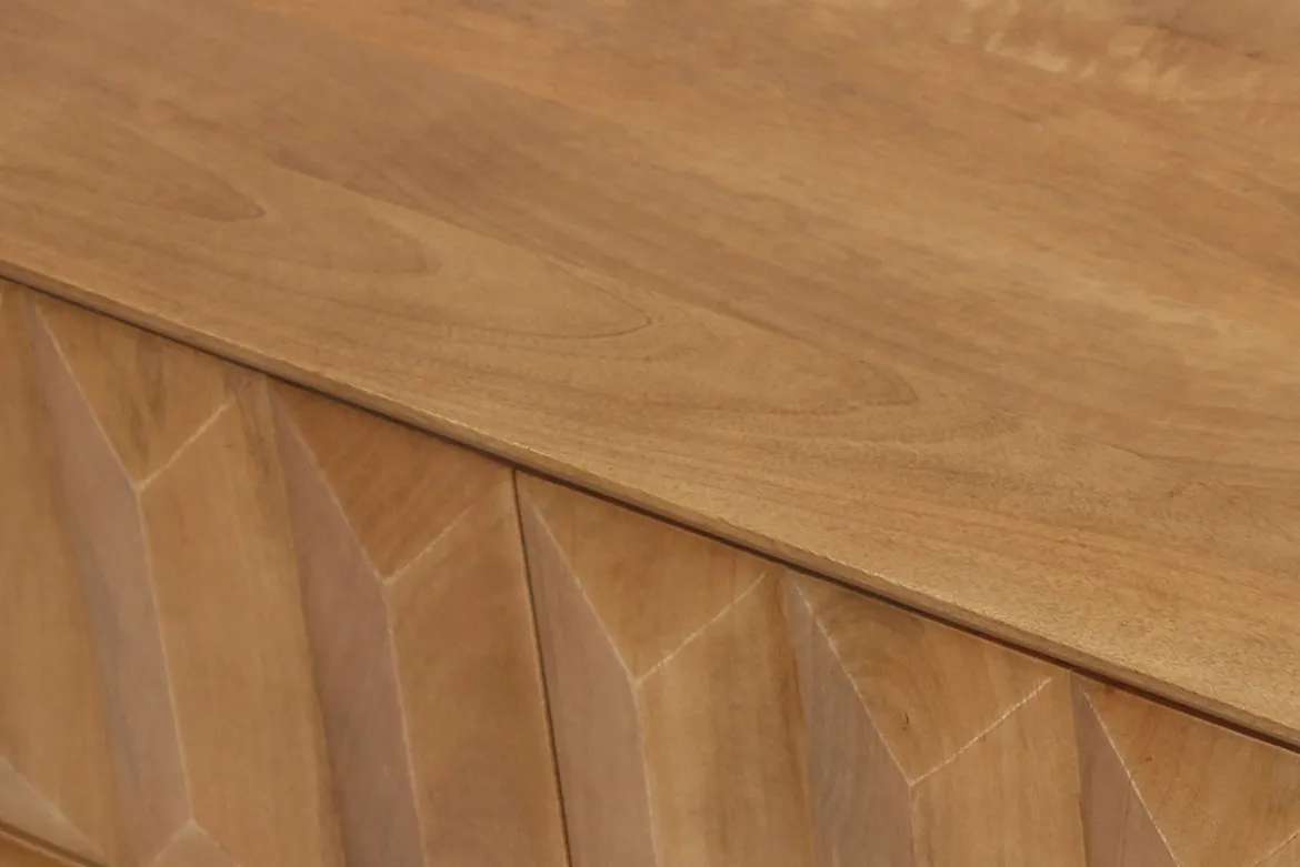 Meuble TV en bois clair manguier massif gravé et métal noir L120 cm AGRA