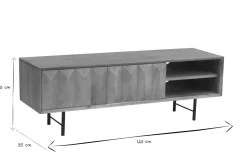 Meuble TV en bois clair manguier massif gravé et métal noir L120 cm AGRA