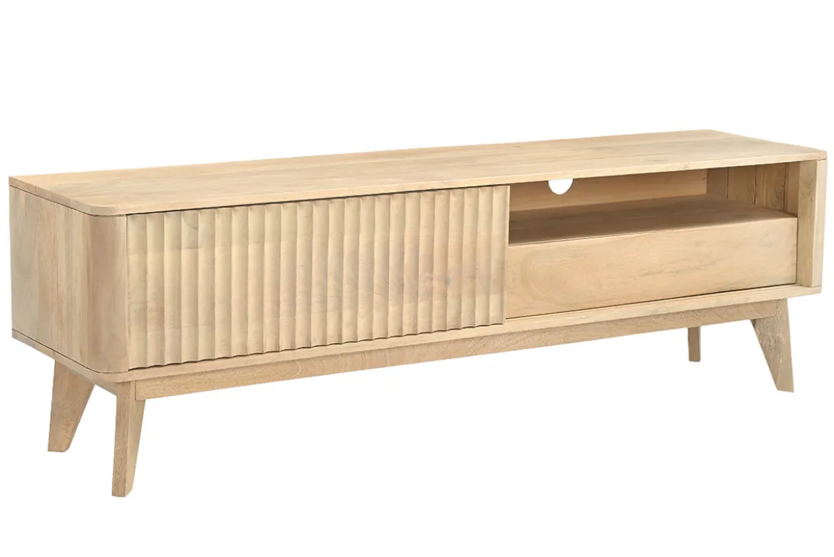 Meuble TV en bois clair manguier massif avec porte coulissante L160 cm ALDA
