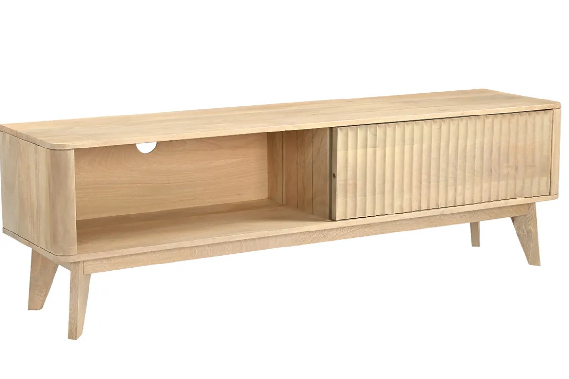 Meuble TV en bois clair manguier massif avec porte coulissante L160 cm ALDA