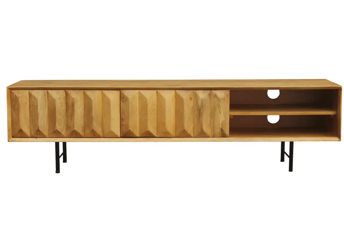Meuble TV en bois clair manguier massif gravé L160 cm AGRA