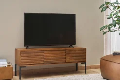 Meuble TV en bois foncé manguier massif et métal noir 3 portes L120 cm ONDA