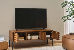 Meuble TV en bois foncé manguier massif et métal noir 3 portes L120 cm ONDA