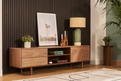 Meuble TV en bois foncé noyer 1 porte 2 tiroirs L180 cm SUVA