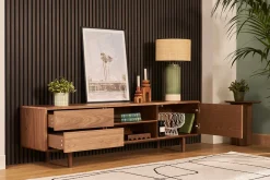 Meuble TV en bois foncé noyer 1 porte 2 tiroirs L180 cm SUVA