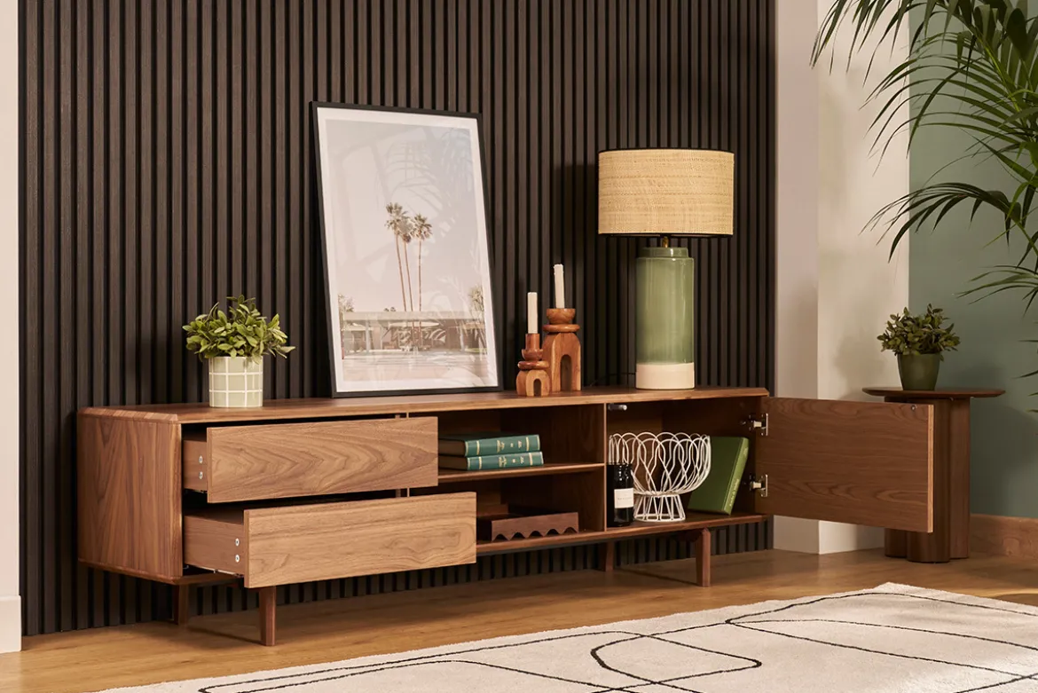 Meuble TV en bois foncé noyer 1 porte 2 tiroirs L180 cm SUVA