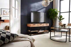 Meuble TV en bois massif et métal noir L115 cm WARREN