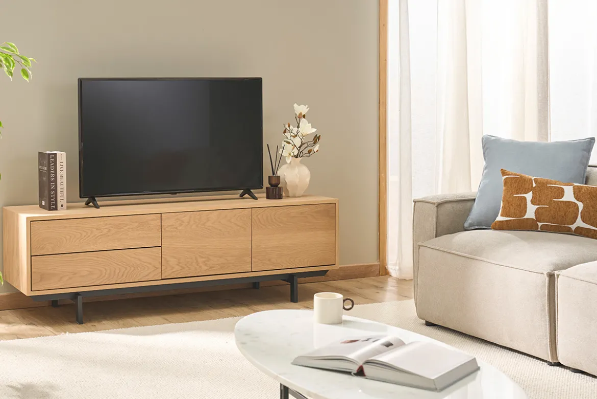 Meuble TV finition bois chêne avec rangements fermés L160 cm MANNY