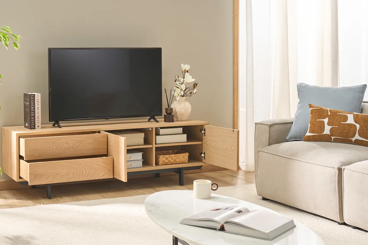 Meuble TV finition bois chêne avec rangements fermés L160 cm MANNY