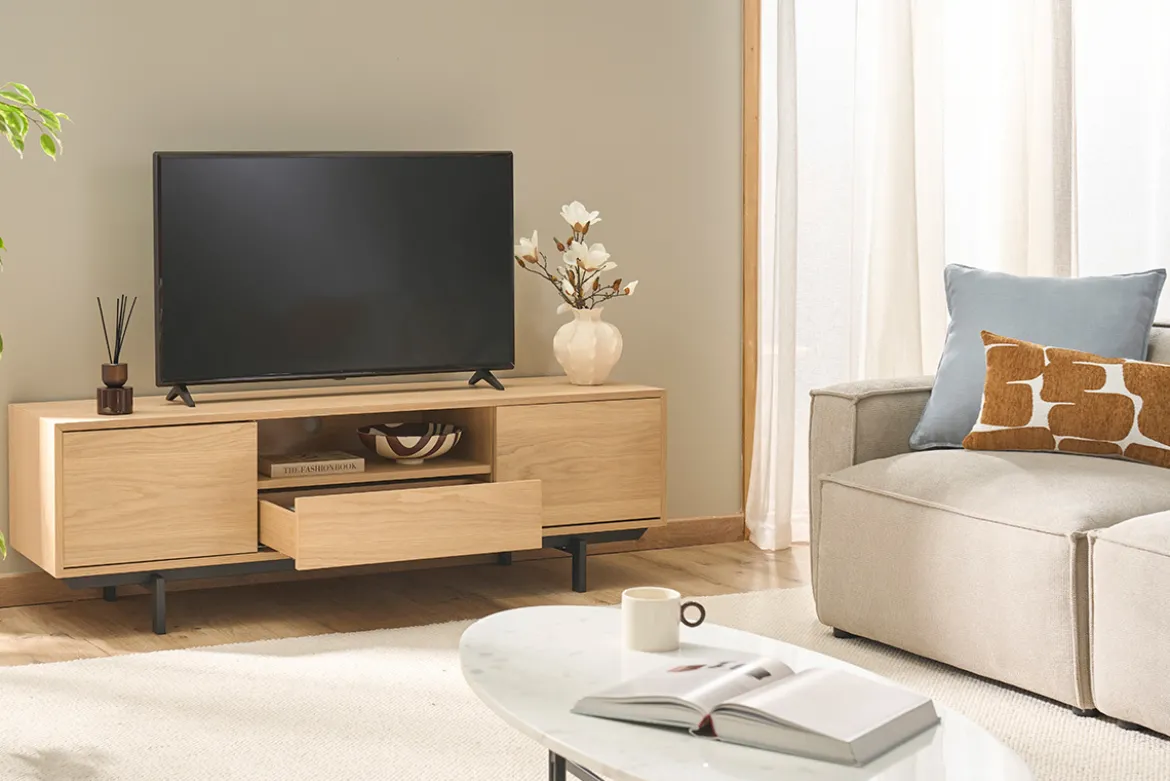 Meuble TV finition bois chêne avec niche ouverte L160 cm MANNY