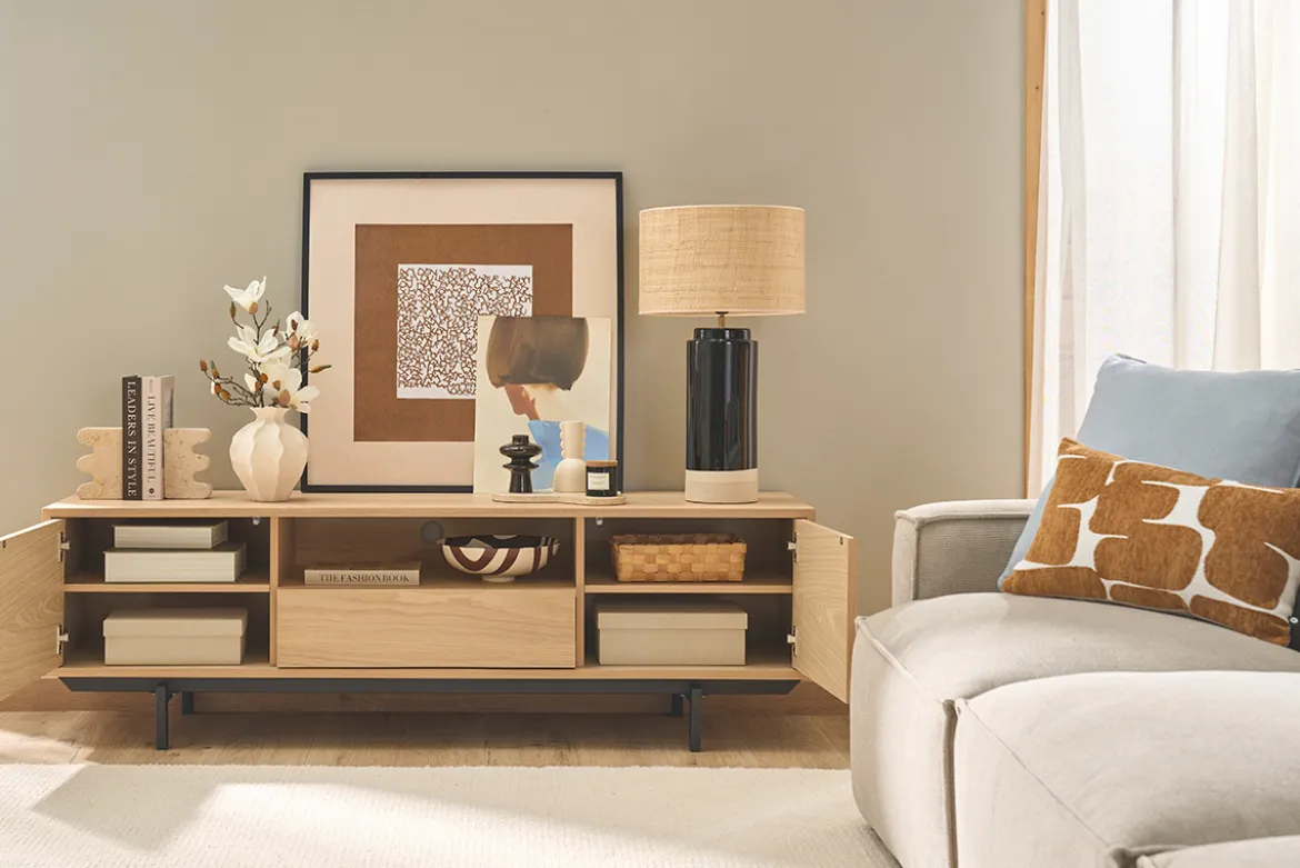 Meuble TV finition bois chêne avec niche ouverte L160 cm MANNY