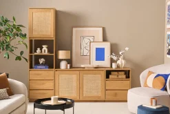 Meuble TV finition bois clair chêne et cannage rotin L196 cm SEVILLE